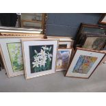 Quantity of watercolours and oils to include still life with flowers, lake scene, windmill and