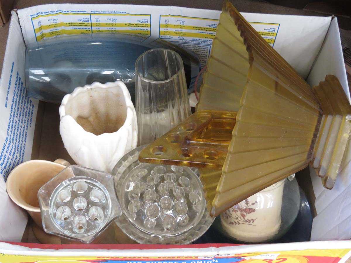 Box containing quantity of glass and ceramic vases