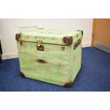 A green painted leather mounted cabin trunk, w. 67 cm