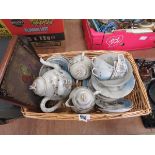 Wicker basket containing Japanese Export tea service plus tray with butterfly embroidery