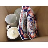Box containing Imari crockery and water jugs