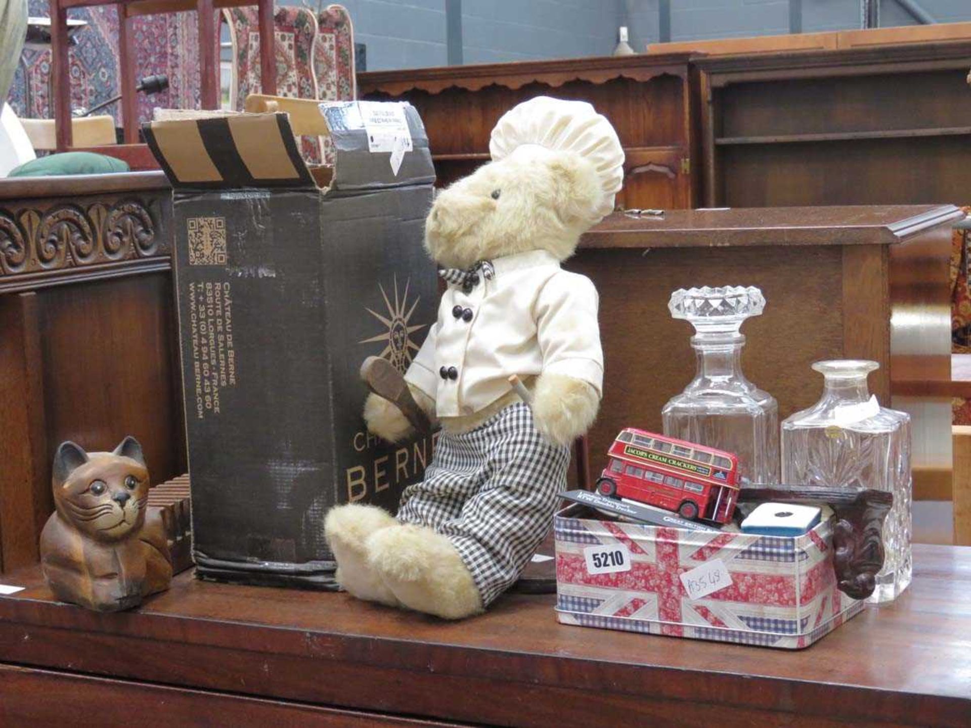Chef teddy bear, CD rack, box with a quantity of decanters plus a tin containing ornamental cat
