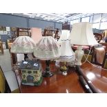 Quantity of pottery brass and wooden table lamps (9 in total)