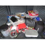 Cage containing a quantity of fishermans tackle to include fly boxes, reels, spare spools, line
