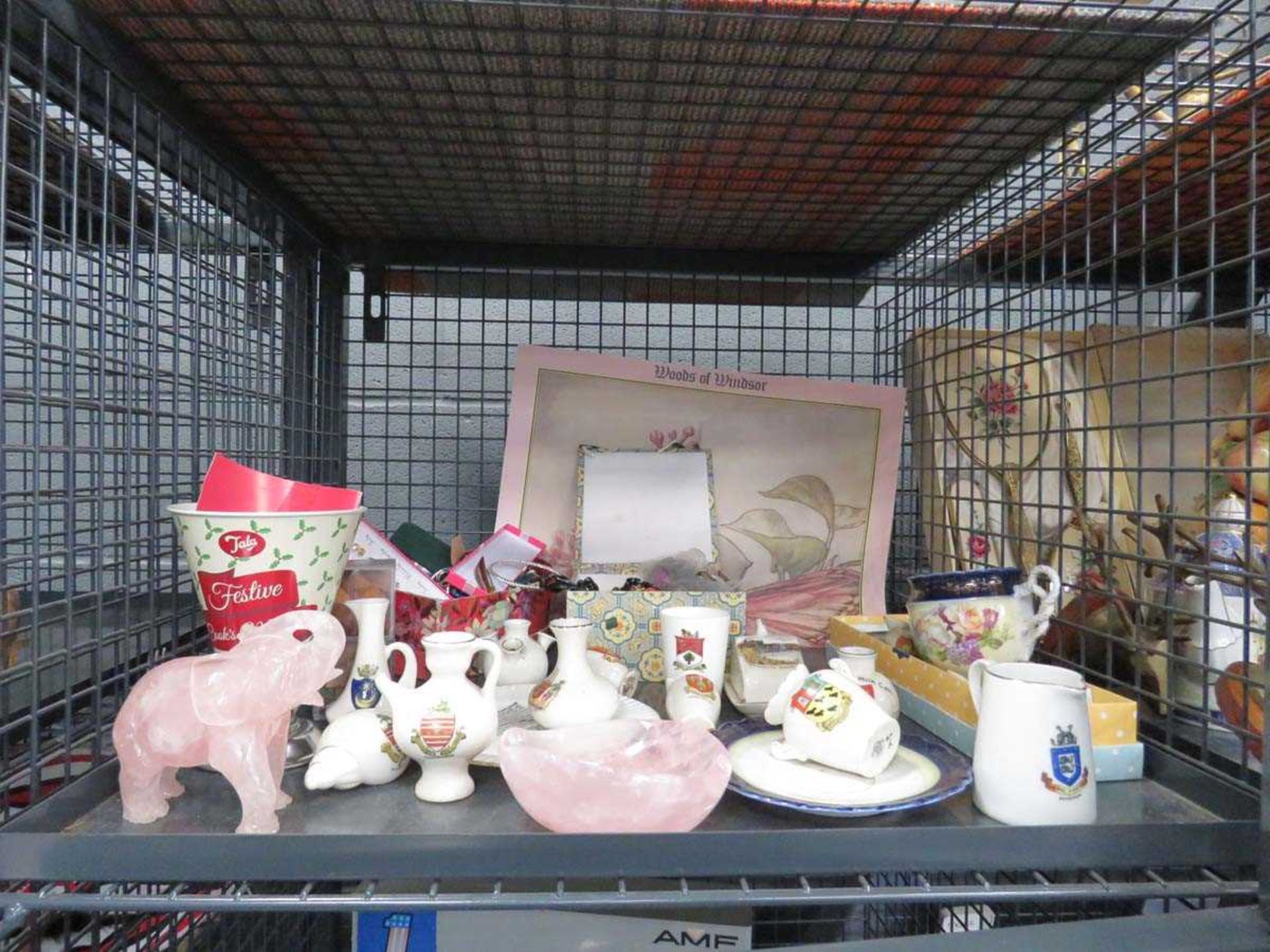 Cage containing quantity of Crested Ware, hardstone figures and china