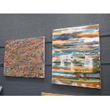 2 modern multi coloured abstract wall hangings