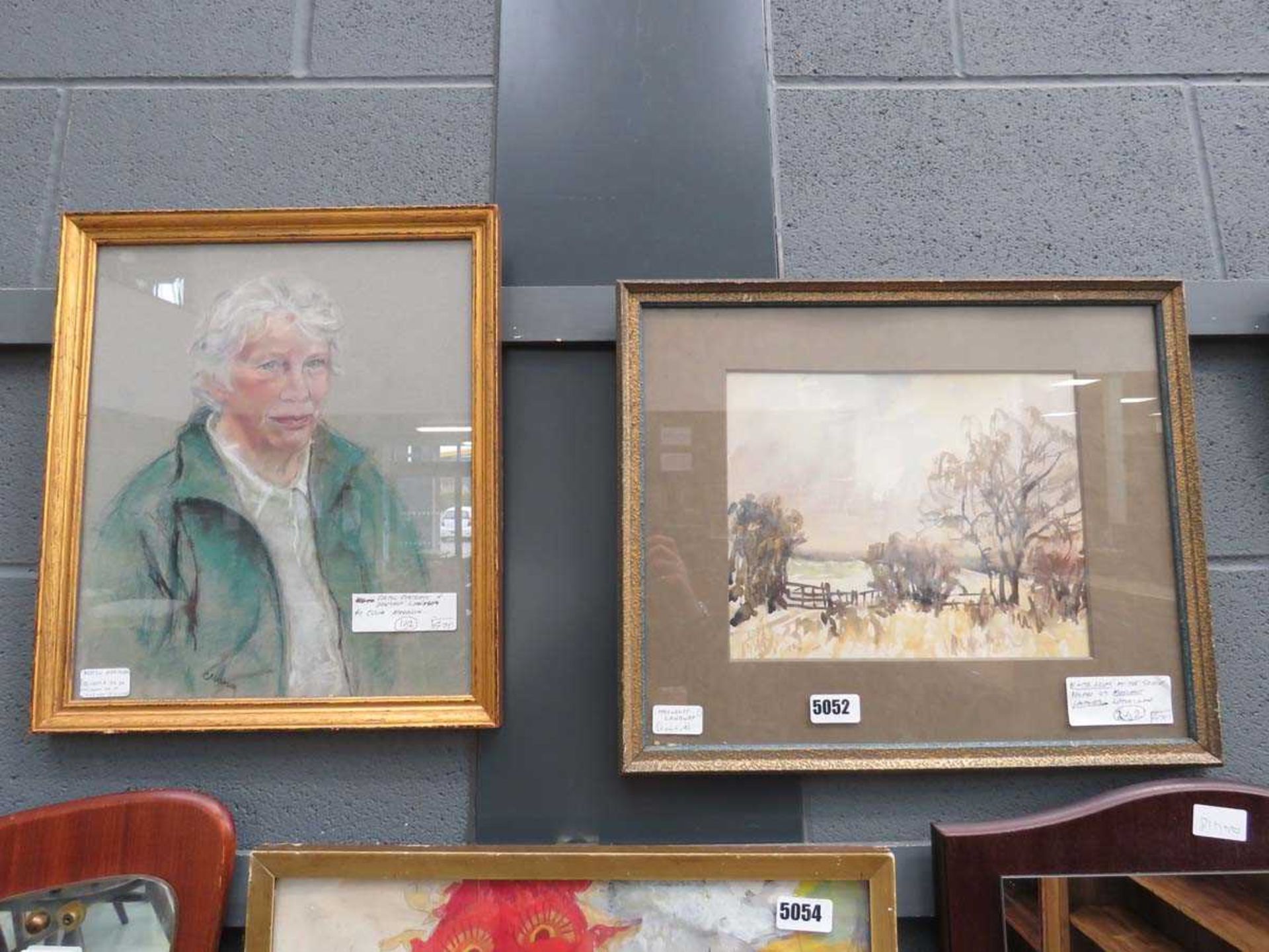 Watercolour of autumn scene with field and trees plus a pastel portrait of a lady