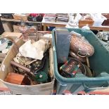 2 boxes containing horse brasses, copper kettles, candlesticks, boxes and household goods
