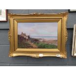 HB Scott oil on canvas of coastal scene with cottage, lady figure and man mending nets