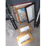 Quantity of paintings and prints to include castle, sailing ship at sea, townscapes etc