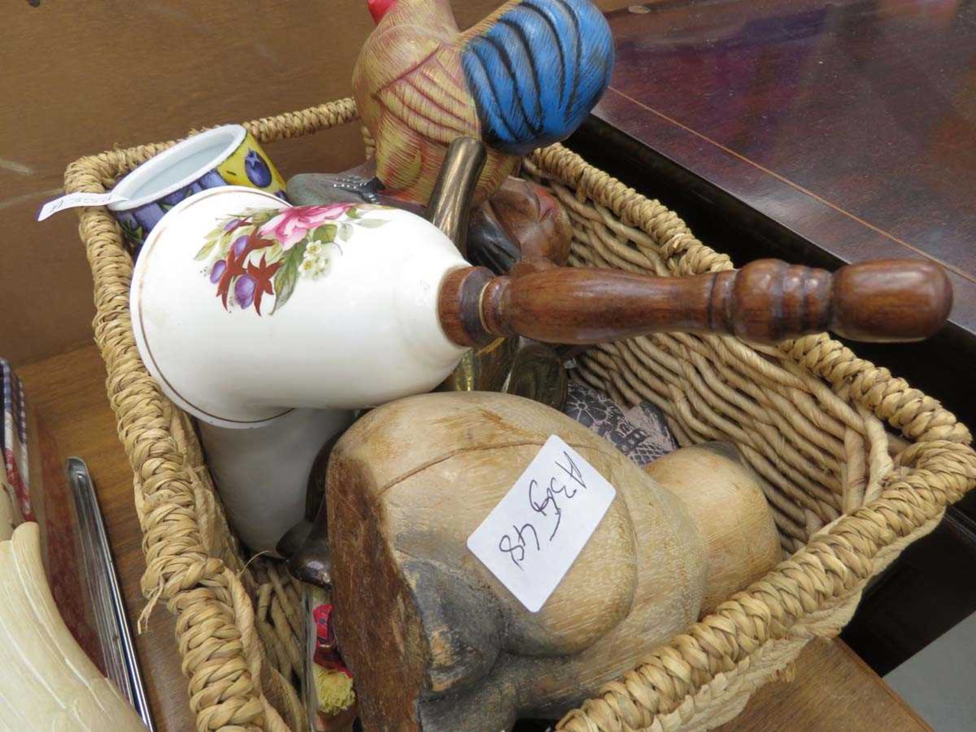 Box and a seagrass basket containing ornamental figures, bell plus a carved wooden figure of a - Image 3 of 3