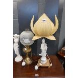 Oriental table lamp base with lotus shape shade together with a brass lantern with glass funnel