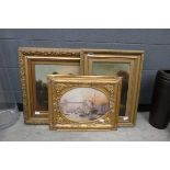 4 x gilt framed prints depicting country scenes and Tower Bridge