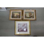 3 x small gilt framed pictures, 2 x country scenes, 1 x reclining female