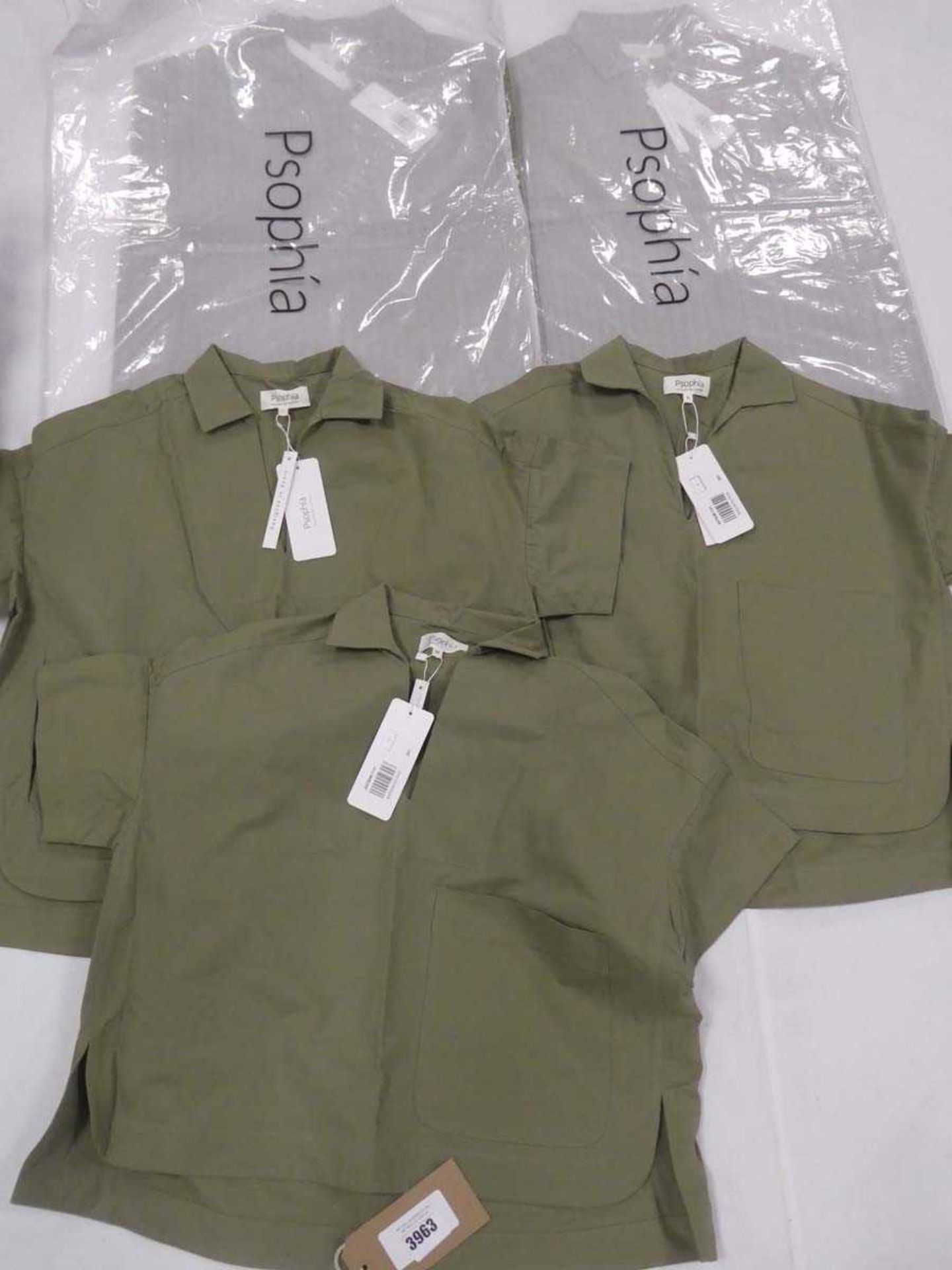 +VAT Bag containing five Psophia green short sleeved tops, sizes small, large and medium