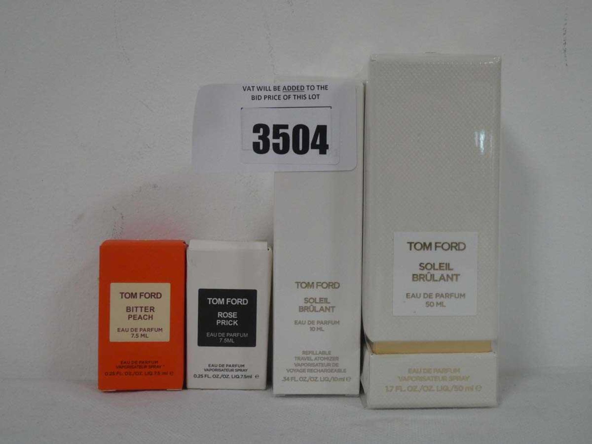 +VAT Selection of Tom Ford eau de parfums to include soleil brulant 50ml & 10ml, rose prick 7.5ml