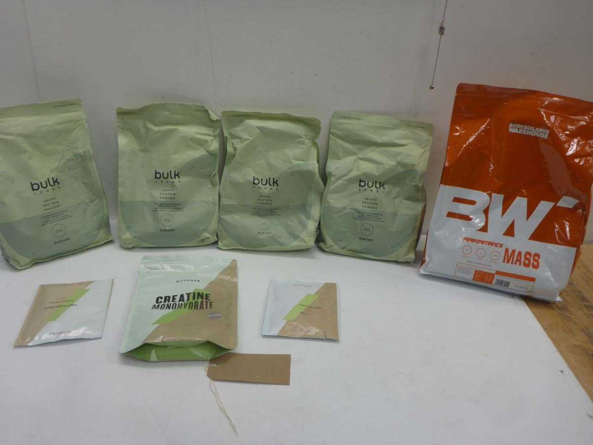 Selection of protein powders including Bulk Vegan, My Vegan, Bodybuilding Warehouse etc
