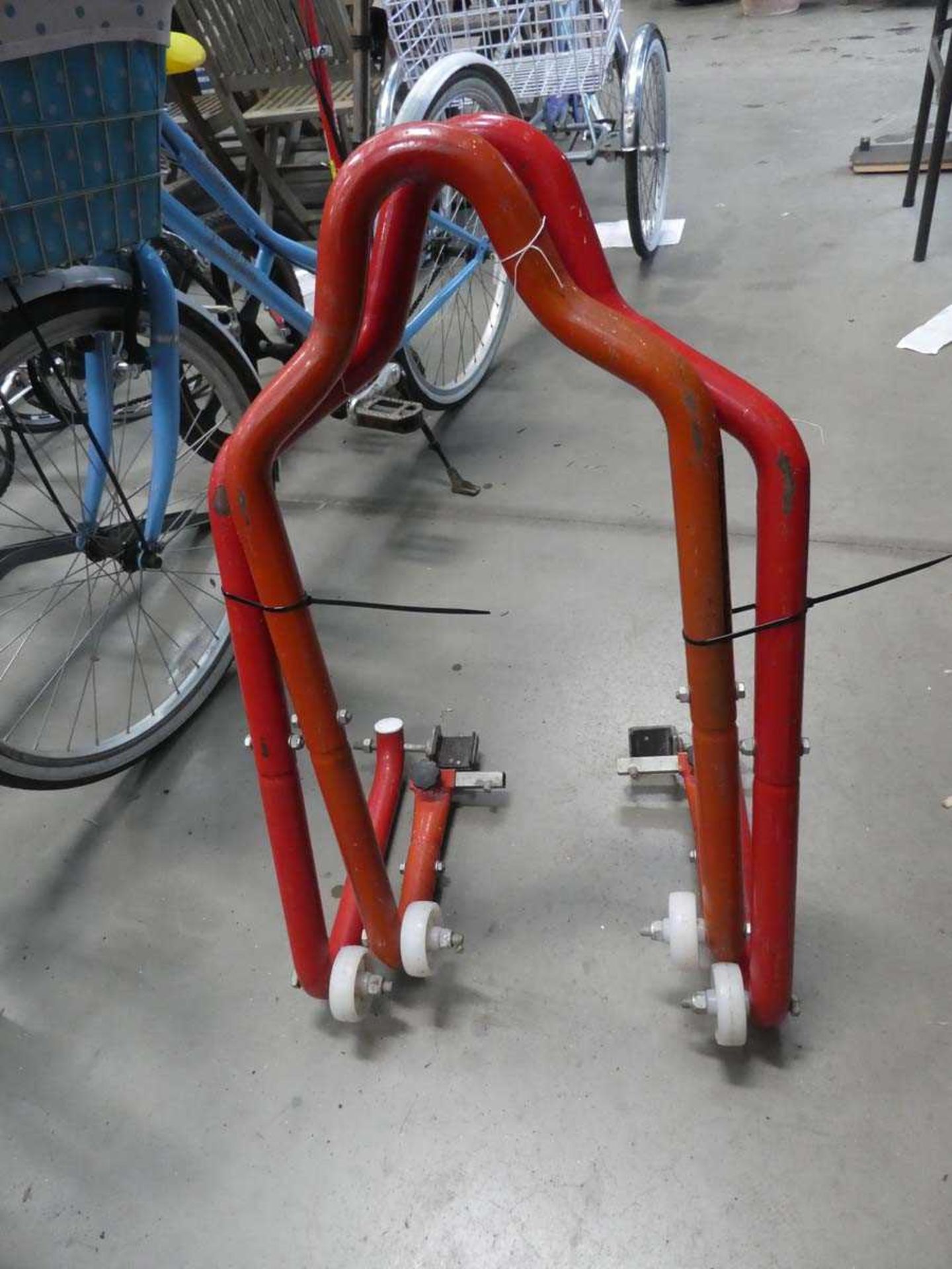 Front and rear motor cycle stands in red