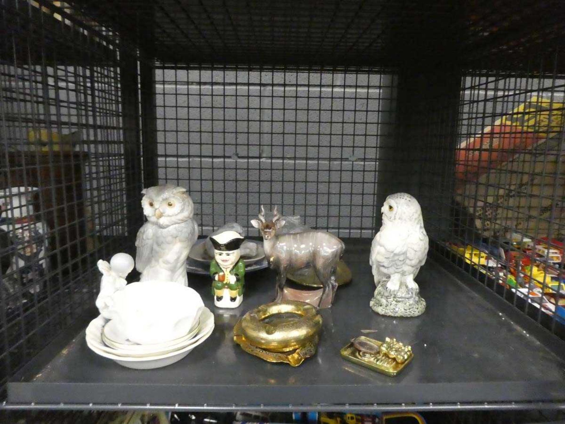 Cage containing Jasperware plus ornamental owls, brassware and a Royal Doulton antelope figure