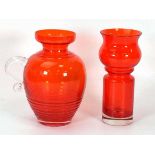 Tamara Aladin for Riihimaki, a red-glass ribbed jug together with a similar vase (2)Jug: no chips or