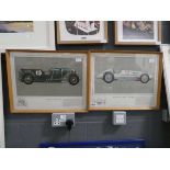 2 prints with vintage racing cars plus a print of a Jaguar V12 engine