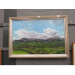 Oil on canvas of country scene with rolling green hills and big sky