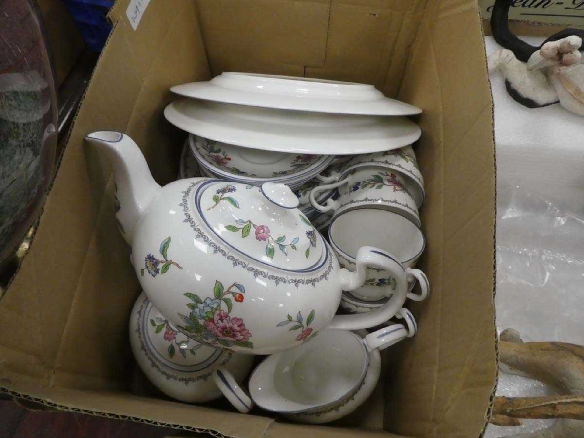 Box containing a quantity of Aynsley crockery to include cups & saucers, teapot, sugar bowl, milk