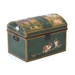 A tole tin trunk overpainted with equestrian and farmyard scenes, w. 89 cmSome typical losses to