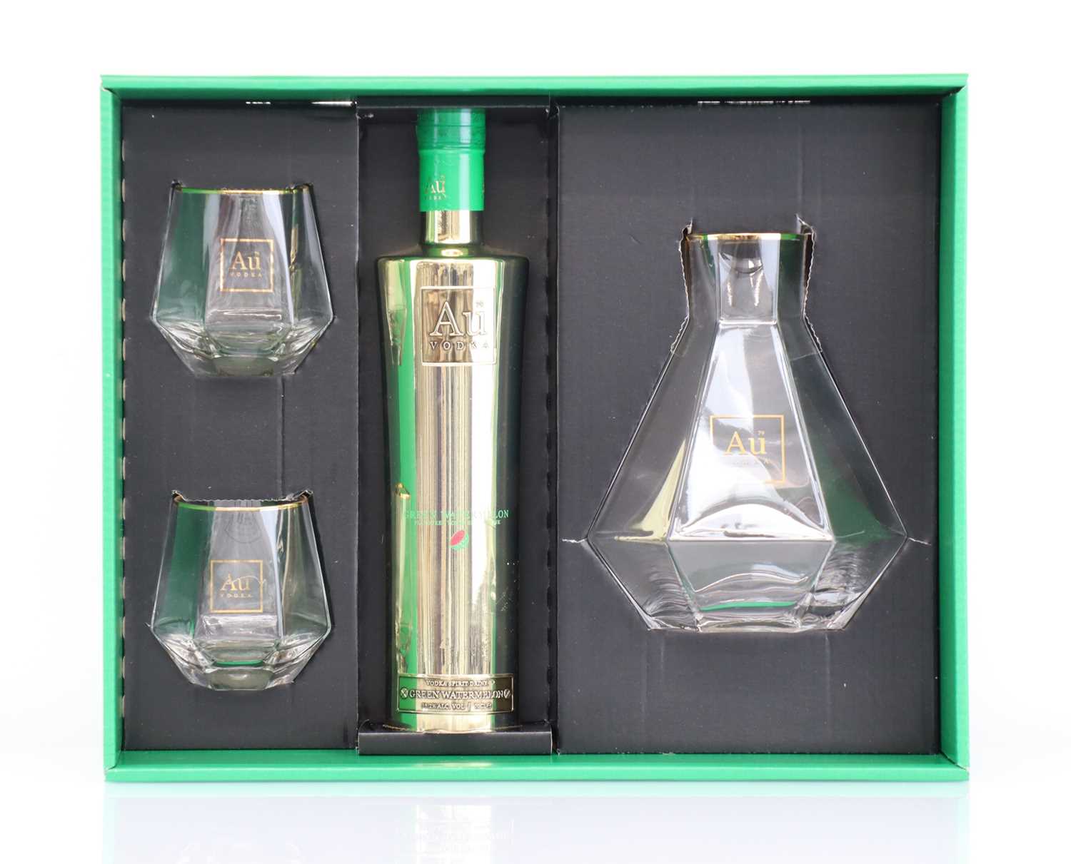 +VAT Au Vodka Gift Pack with 1 bottle Au Green Watermelon Vodka 70cl 35.2%, 2 glasses & Carafe (Note