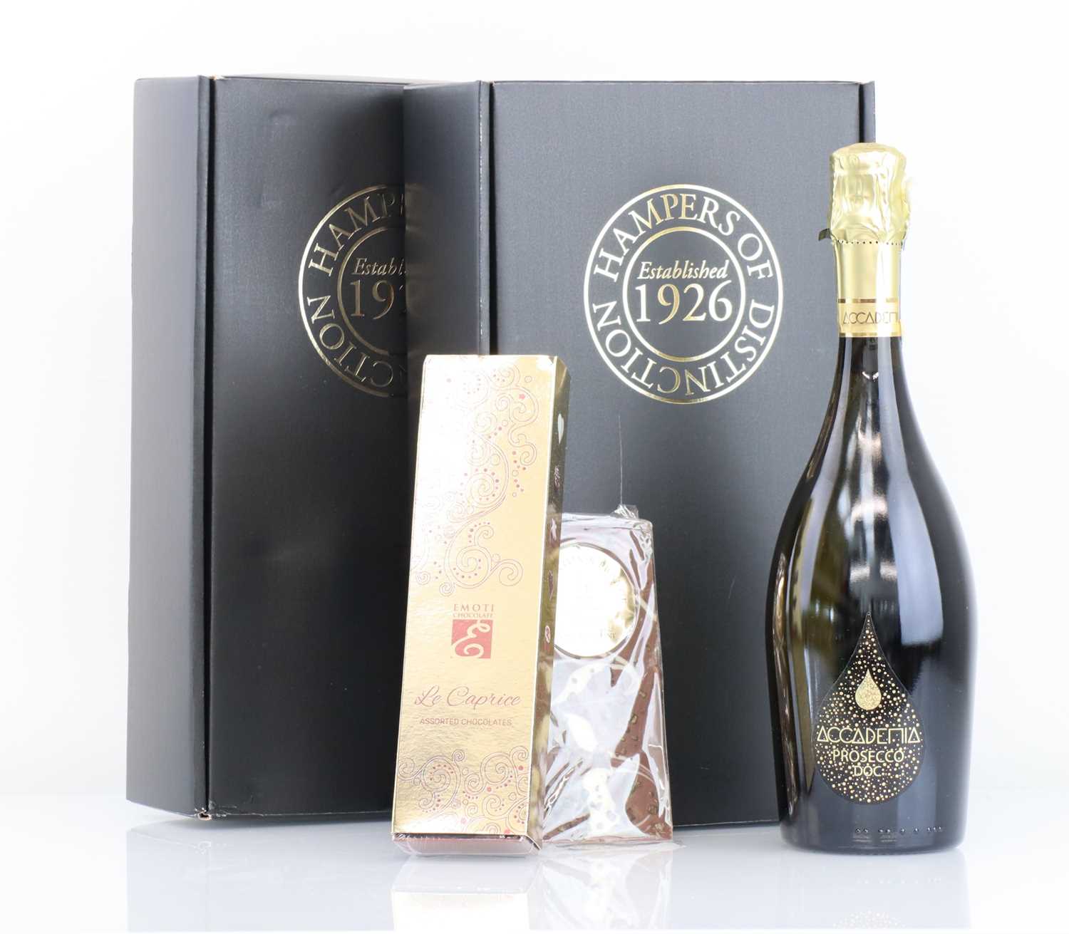 +VAT 2 Hampers of Distinction Accademia Prosecco DOC 75cl & French Chocolates gift sets (Note VAT