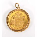 A yellow gold pendant suspending a Portuguese gold coin commemorating the reign of Carlos I, 1889-