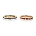 A pair of yellow metal eternity rings, one set ruby, the other, sapphires, ring sizes L/M,overall