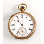 An 18ct yellow gold open face fob watch, the white enamel dial with black Roman numerals and