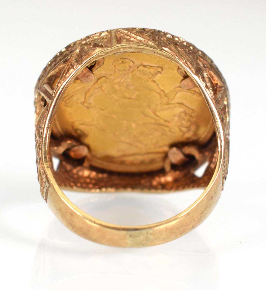 A 9ct yellow gold ring set Victorian sovereign, Melbourne mint, dated 1892 in a loose mount, ring - Image 3 of 4