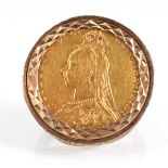 A 9ct yellow gold ring set Victorian sovereign, Melbourne mint, dated 1892 in a loose mount, ring