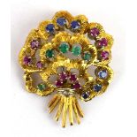 An Italian 18ct yellow gold brooch in the form of a bouquet set small diamond, rubies, sapphires and