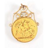 A yellow metal pendant suspending a Victorian half sovereign dated 1897 in a fixed mount, 4.7 gms