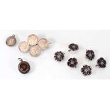 A set of six silver and enamelled buttons, each in the form of a Tudor rose, a banded agate mourning