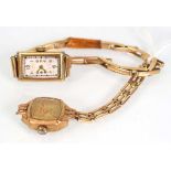 A ladies 9ct yellow gold wristwatch, the rectangular dial with gold coloured Arabic numerals on an