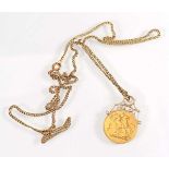 A 9ct yellow gold curblink necklace suspending a Victorian half sovereign dated 1900 in a fixed