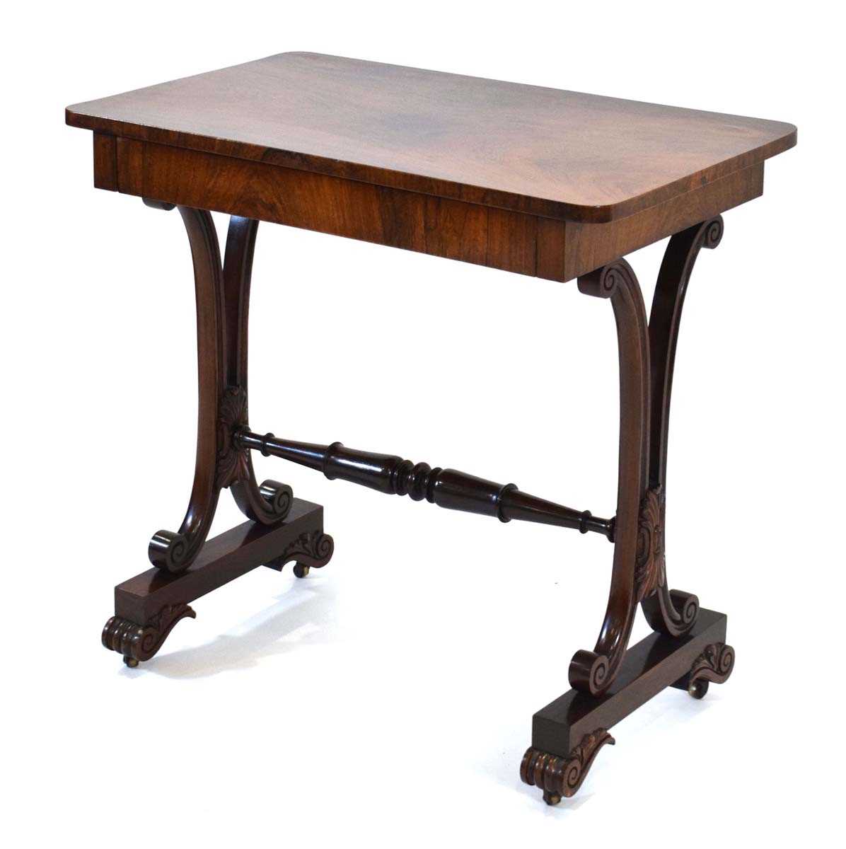 A mid-19th century rosewood side table with a single frieze drawer, scrolled supports and castors, - Image 2 of 4