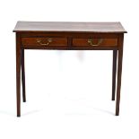 A George III oak and crossbanded side table with two drawers, on square tapering legs, w. 90 cm