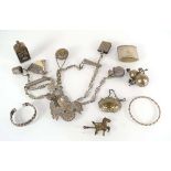 A silver-plated chatelaine together with a scent bottle, decanter label, match holder etc.