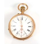 A 14ct yellow gold open face pocket watch, the white enamel dial with black Roman and Arabic