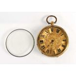 An 18ct yellow gold open face fob watch, the engraved dial with black Roman numerals within a