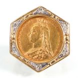 A 9ct yellow gold ring set Victorian shield back half sovereign dated 1892 in a loose mount, ring