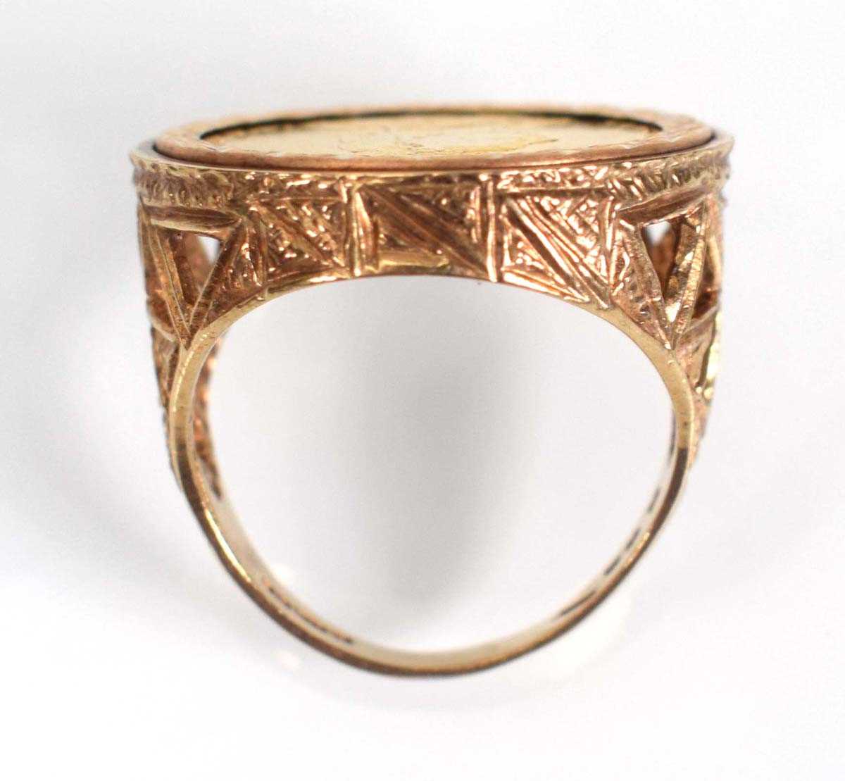 A 9ct yellow gold ring set Victorian sovereign, Melbourne mint, dated 1892 in a loose mount, ring - Image 4 of 4