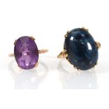 Two 9ct yellow gold dress rings set blue and purple stones, various sizes, overall 8.5 gms (2)