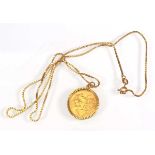 A 9ct yellow gold boxlink necklace suspending a half sovereign dated 1911 in a loose mount, 8.8 gms