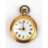 A 14ct yellow gold open face fob watch, the white enamel dial with black Roman numerals within a